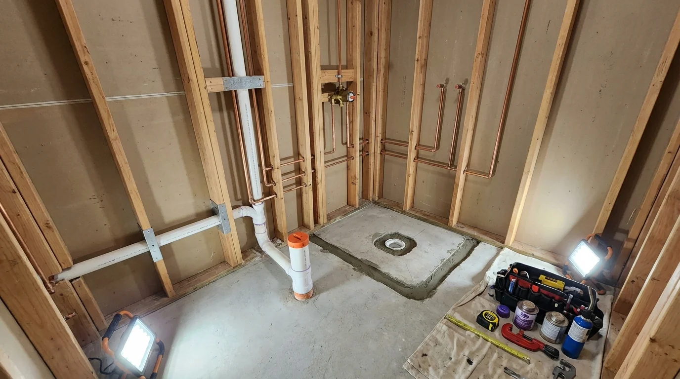 Bathroom rough-in plumbing during remodel by Johns Plumbing LLC in Holden