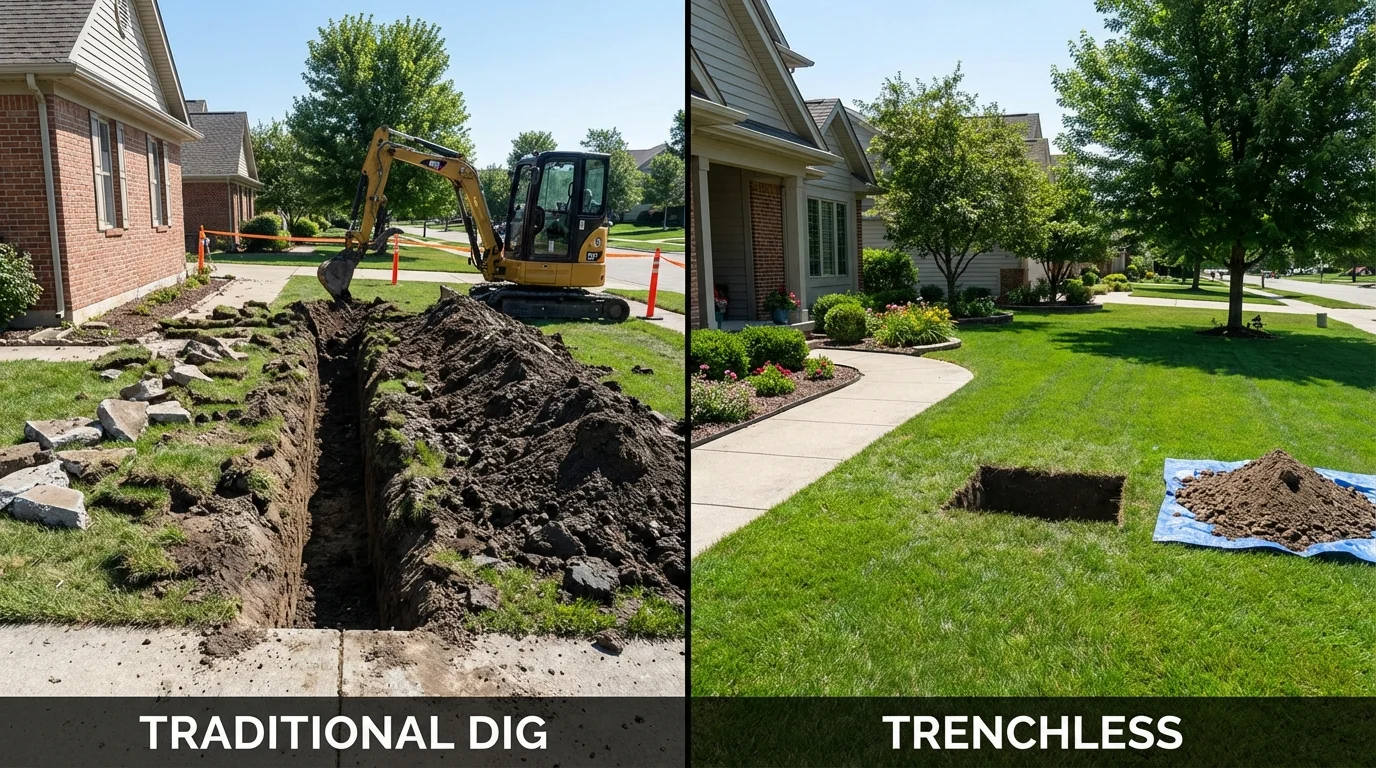 Trenchless sewer repair with minimal yard damage versus traditional excavation in Holden, MA