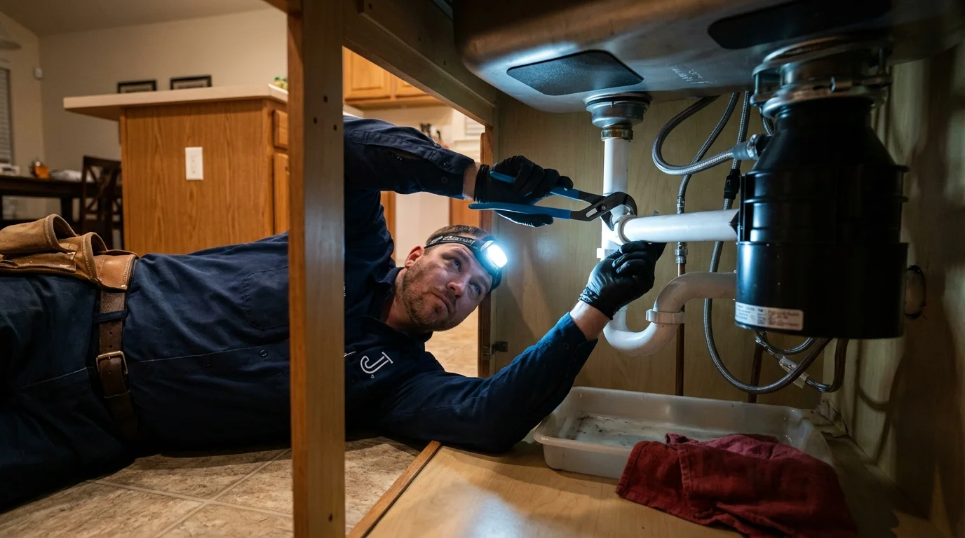 P-trap and supply line connections under a kitchen sink showing a common leak point in Holden, MA